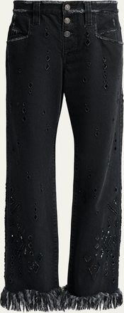 Isabel Marant Amia Distressed Eyelet Straight-Leg Denim Pants