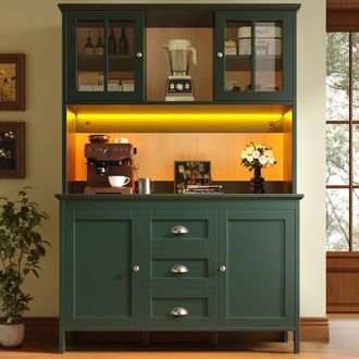 Merax Kitchen Pantry Cabinet with Glass Doors & Drawers, Tall Sideboard in Green