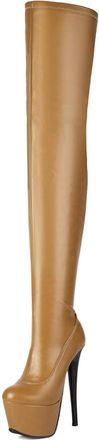 Generic Womens Stiletto High Heel Over The Knee Boots Round Toe Platform Thigh High Boots PU Leather Long Boot with Side Zipper,Khaki,4.5 UK