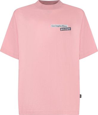 Palm Angels Pink Logo Print Crew Neck T-Shirt