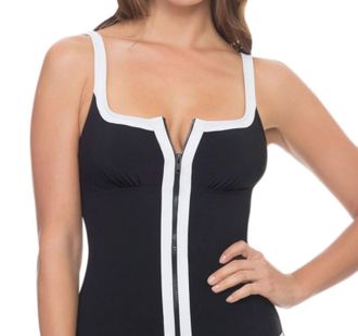 Gottex Zip It Up Square Neckline Tankini Top In Zip It Up Black White