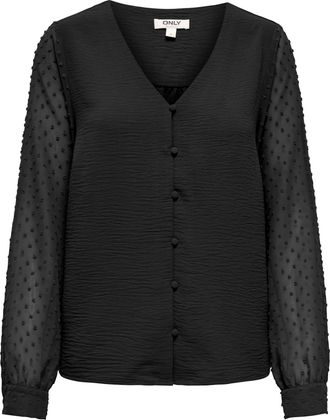 Only Langarmbluse ONLY ONLRHODES METTE L/S DOBBY VNECK TOP WVN, Damen, Gr. XL, schwarz, Web, Obermaterial: 100% Polyester, unifarben, regular fit normal, V
