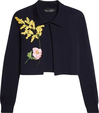 Oscar De La Renta Mixed Botanical Crop Wool Blend Jacket in Navy at Nordstrom, Size X-Small