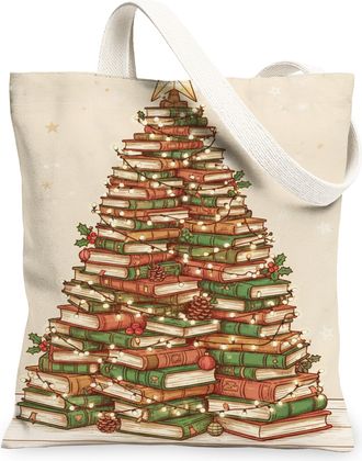 Generic Christmas Books Canvas Tote Bags, Vintage Holiday Tree Design Reusable Grocery Bags, Lightweight Washable Shoulder Strap Ca, Beige, 13x15 Inch