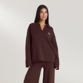 Lounge Gebreide trui met Half Placket - Chocolade - S