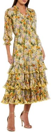 Mac Duggal Womens Floral V-Neck Ruffle Tiered Midi Dress with 3/4 Sleeves in Yellow Multi at Nordstrom, Size 14