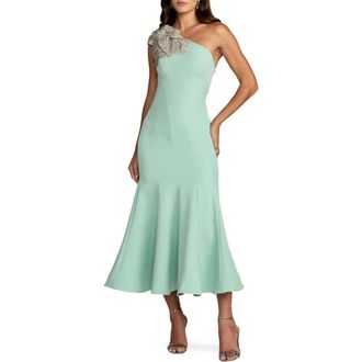Mac Duggal Sleeveless Crepe One Shoulder Mermaid Midi Dress With Flower in Sage at Nordstrom, Size 10