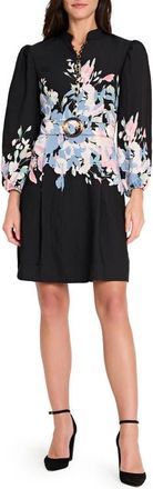 Tahari by ASL Print Belted Long Sleeve Dress in Black Blue Pink at Nordstrom, Size 10