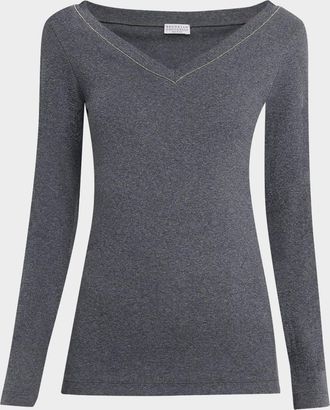Brunello Cucinelli Monili V-Neck Long-Sleeve Cotton Rib Top