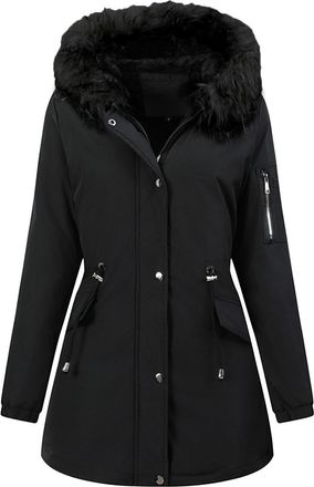 Generic Women Winter Coat with Hood Coats for Womens Fleece-Lined Jackets Ladies Long Winterproof Parka Warm Padded Jacket with Pockets Thermal Thickened Hood