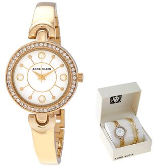 Anne Klein Quartz Crystal White Glossy Dial Ladies Watch and Bracelet Set AK/3288GBST