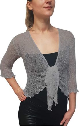 Mimosa Ladies Crochet Shrug Bolero Glitter or Plain Super Stretchy Lace Fish Net Tie at Waist Bolero Open Cardigan Fits UK 6-28 Grey