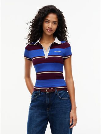 Tommy Hilfiger Womens Tommy Jeans Slim Fit Rib-Knit Polo - Noble Blue / Stripe - XL
