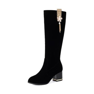 Generic Womens Faux Suede Long Boots with Rhinestone Tassel Round Toe Knee High Boots with Side Zipper Block Heel Party Prom Shoes,Black,5.5 UK