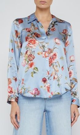 L'agence Tyler Floral Print Silk Button-Up Shirt in Light Blue Tapestry Floral at Nordstrom Rack, Size Xx-Small