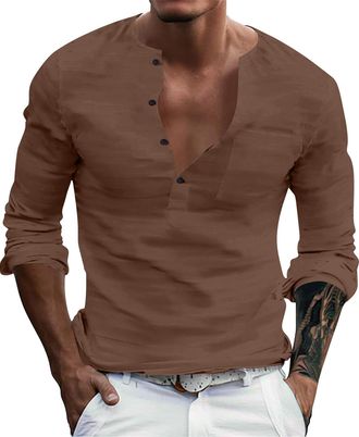 Generic Mens Casual Shirts Long Sleeve Regular Fit Button Up Henley Tshirts Lightweight Sports Summer Sleeping Tees Hiking Big and Tall Comfortable Tops A-Bro