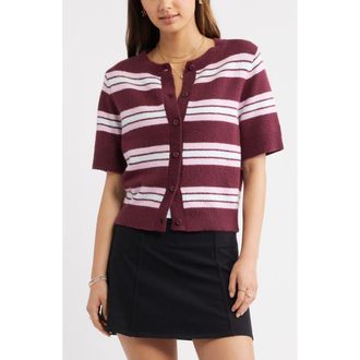 BP. Short Sleeve Cardigan in Burgundy Tannin Stripe at Nordstrom, Size Xx-Small