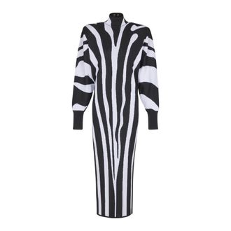 Balmain Lange Gebreide Jurk met Zebra Intarsia - Dames - Kleedjes - Zwart - M - Leer - Kleedjes