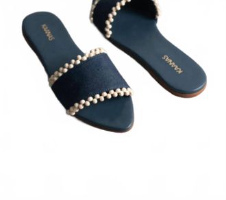 Kaanas Womens Cala Asymmetric Linen Slide With Hand Beaded Detail In Navy
