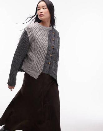 Topshop knit premium 100% wool asymmetric cable cardi in multi