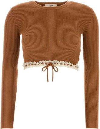 Chlo&eacute; Kameelkleurige Wol Trui - Dames - Ronde hals truien - Bruin - XS - Wol - Truien & Vesten