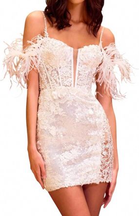 Sherri Hill Feather Sleeve Sequin Lace Dress In Ivory