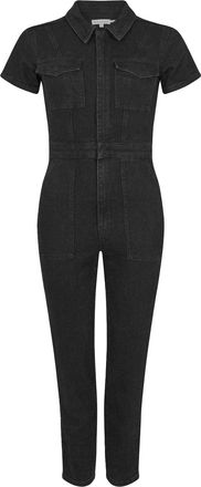 Good American Dames/Dames Denim Verstelbare Taille Jumpsuit met Korte Mouwen (Zwart)