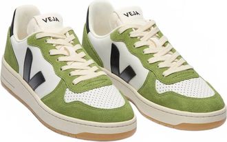 Veja Mens V-10 Leather Sneakers In White Black Kiwi