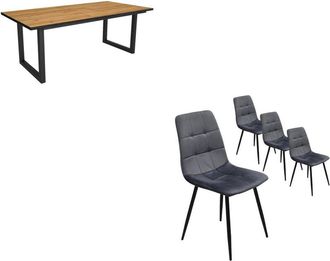 Skraut Home Skraut Home - Conjunto Salón, Mesa de Comedor, 200, Roble y Borde Negro, Industrial, Mesa Fija, Pack de 4 Sillas de Comedor, Silla Tapizada