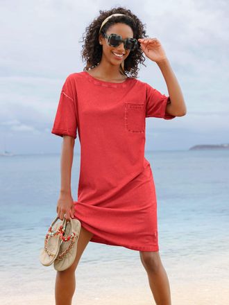 Heine Jerseykleid HEINE Jersey-Kleid, Damen, Gr. 34, Normalgr&ouml;ssen, erdbeere, Jersey, 100% Baumwolle, unifarben, kurz, Rundhals, Kleider Jerseykleid