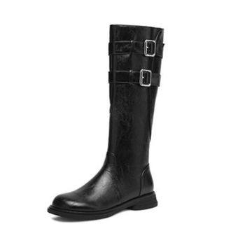 Generic Women Knee High Distressed PU Leather Round Toe Casual Boots Low Block Heels Double Buckle Side Zip Slim Fit Comfortable Durable,Black,6.5 UK