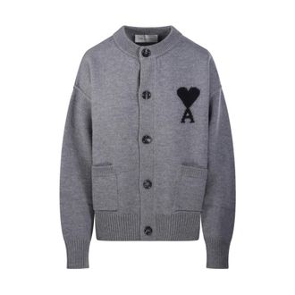 Ami Quota Crewneck Cardigan met contrasterende Ami de Coeur - Dames - Truien - Grijs - Maat: S Wol