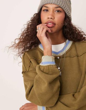 Free People rio contrast trim cropped sweat in khaki-Green