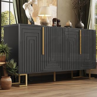 Merax Fluted Sideboard Storage Cabinet with Gold Legs in Black