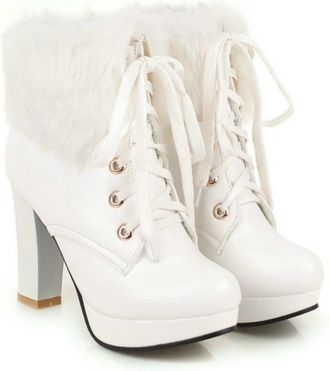 Generic Womens Lined Platform Ankle Boots, Block Heel PU Leather Ankle Boots with Laces And Fur Collar Fashionable Autumn Winter Shoes for Everyday Wear And O