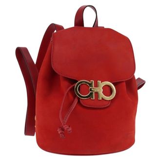 Ferragamo Gancini Flap Drawstring Leather Red Leather Backpack Bag (Pre-Owned)