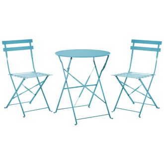 Beliani Conjunto De Balc&oacute;n 3 Piezas Patio Exterior Mesa Redonda Y Sillas Acero Azul Fiori