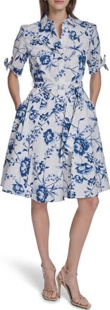 Calvin Klein Short Sleeve Cotton Shirtdress in Cream Multi at Nordstrom Rack, Size 10