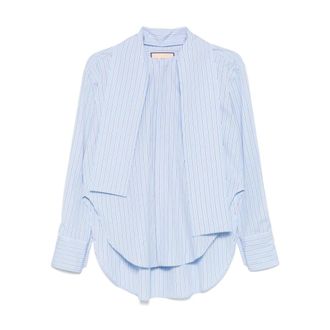 Plan C Shirts, female, Blue, Size: 2XS Blue Striped Cotton Shirt with Scarf