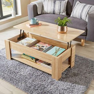 Home Source Industries Home Source - Oak Wooden Coffee Table With Lift Up Top Storage Area and Magazine Shelf