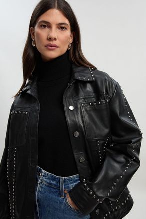 Karen Millen Womens Studded Leather Tailored Jacket - Black - Size 10 UK