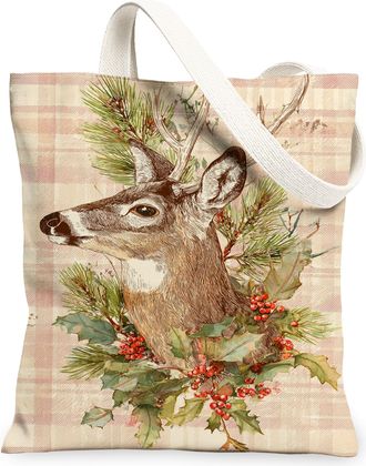 Generic Christmas Deer Canvas Tote Bags, Rustic Floral Pattern Reusable Grocery Bags, Vintage Lightweight Washable Shoulder Strap F, Peach, 13x15 Inch