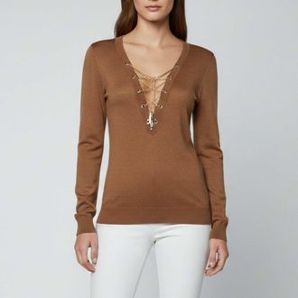 Elisabetta Franchi Brown Knit Chain Lace-Up Top