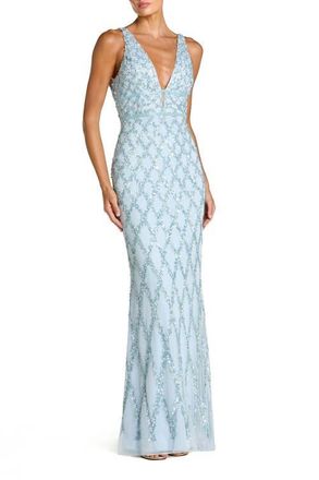 Mac Duggal Sequined Plunge Neck Sleeveless Column Gown in Ice Blue at Nordstrom, Size 12