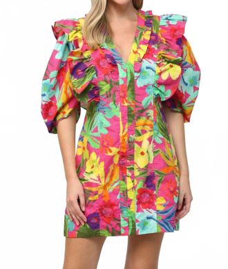Fate Tropical Dramatic Sleeve Dress In Hot Pink Multi