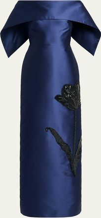 Erdem Tulip Embroidered Off-The-Shoulder Satin Gown