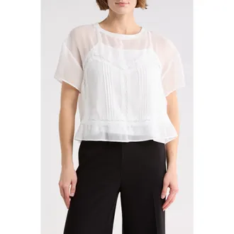 Adrianna Papell Short Sleeve Pieced Sheer Lace & Chiffon Top in Ivory at Nordstrom Rack, Size X-Small