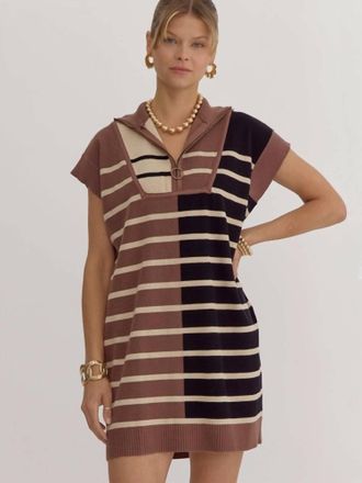 Entro Colorblock Striped Ribbed Mini Dress In Brown Multi