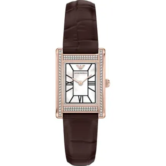 Emporio Armani Genni Mother-of-Pearl Leather Strap Tank Watch, 22mm x 32mm in Brown/rose Gold at Nordstrom