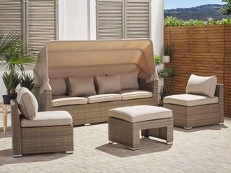 Beliani Conjunto De Jard&iacute;n Al Aire Libre Sof&aacute; De Rat&aacute;n Sint&eacute;tico Beige Marr&oacute;n Claro Con Dosel Y Cojines Sillas Reposapi&eacute;s De Dise&ntilde;o Moderno Coccolia